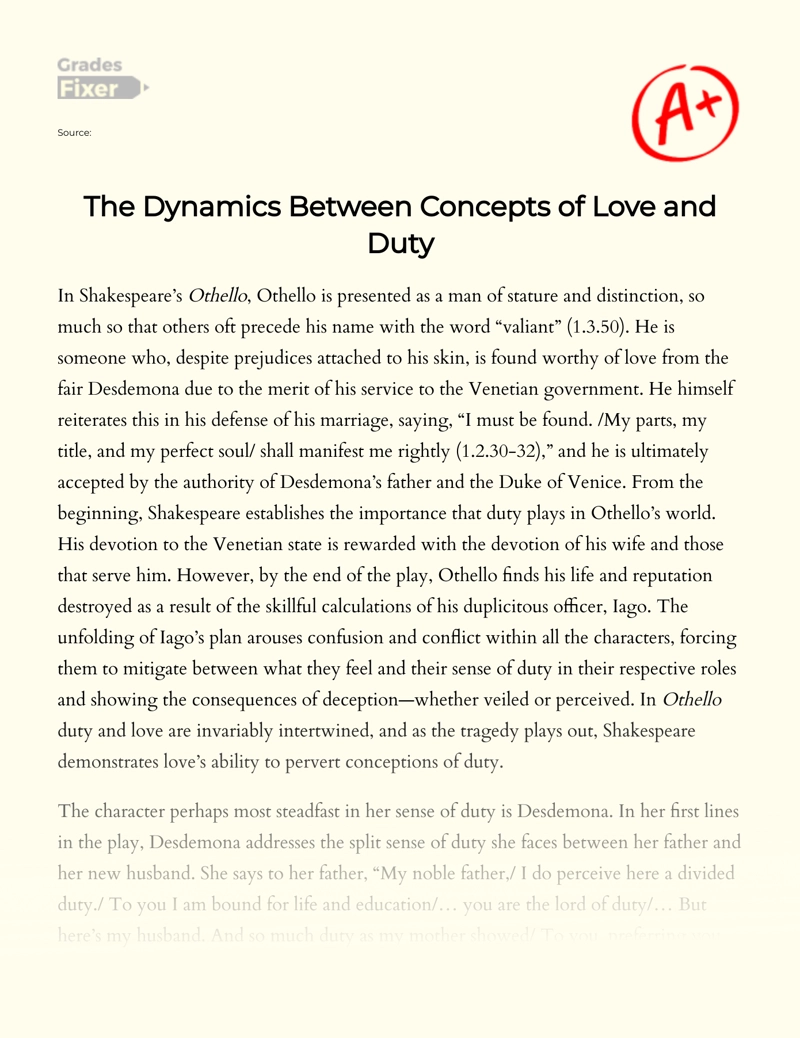 The Concepts of Love and Duty in Othello Essay
