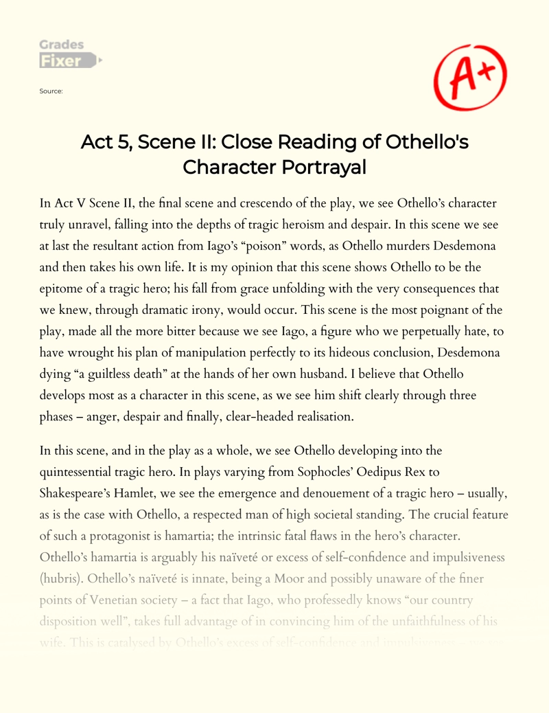 Act 5, Scene Ii: Close Reading of Othello's Character Portrayal Essay