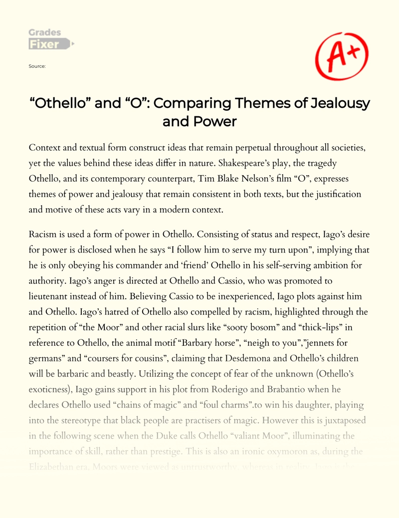 "Othello" and "O": Comparing Themes of Jealousy and Power Essay