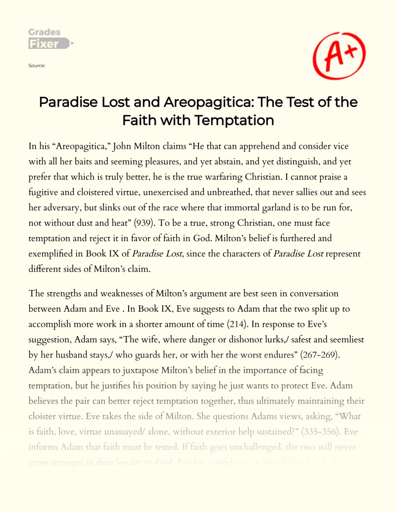 Faith and Temptation in Paradise Lost and Areopagitica Essay