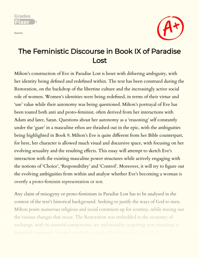 The Feminist Discourse in Book Ix of Paradise Lost Essay