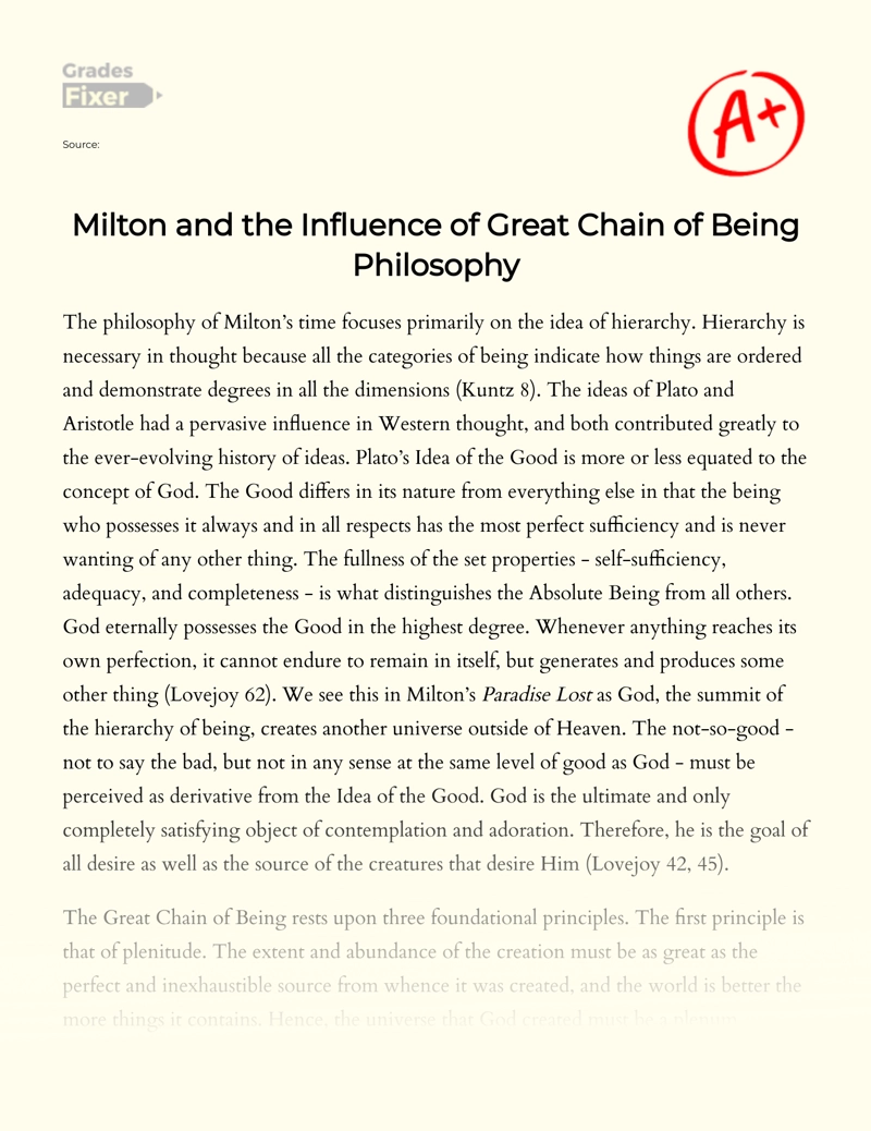 The "Great Chain of Being" Philosophy in Paradise Lost Essay