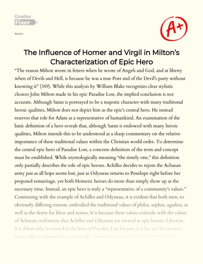 The Influence of Homer and Virgil in Milton’s Characterization of Epic Hero Essay