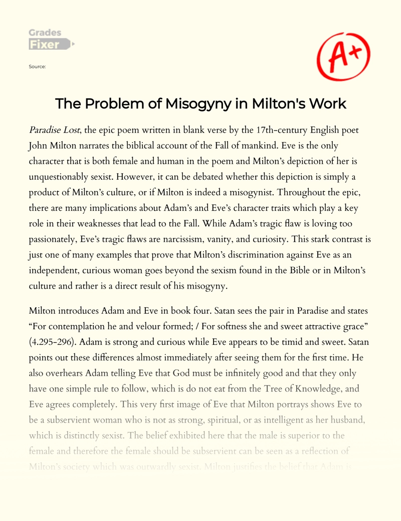 The Problem Of Misogyny In Milton s Paradise Lost Essay Example 