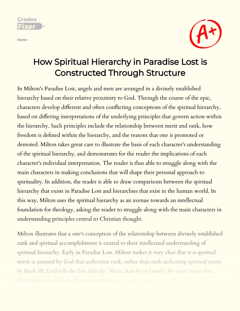 How Spiritual Hierarchy in Paradise Lost is Constructed Through Structure Essay