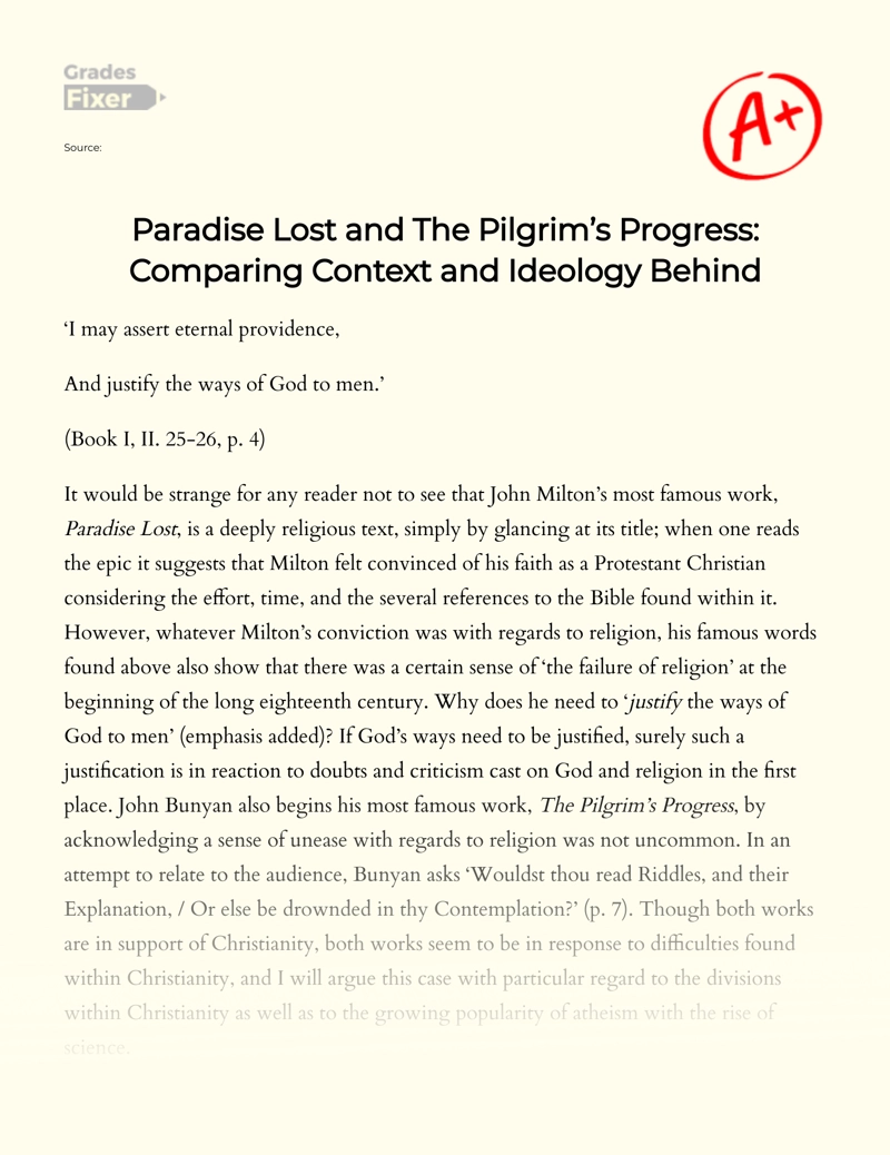 Paradise Lost and The Pilgrim’s Progress: Comparing Context and Ideology Behind Essay