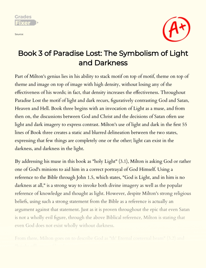 Book 3 of Paradise Lost: The Symbolism of Light and Darkness Essay