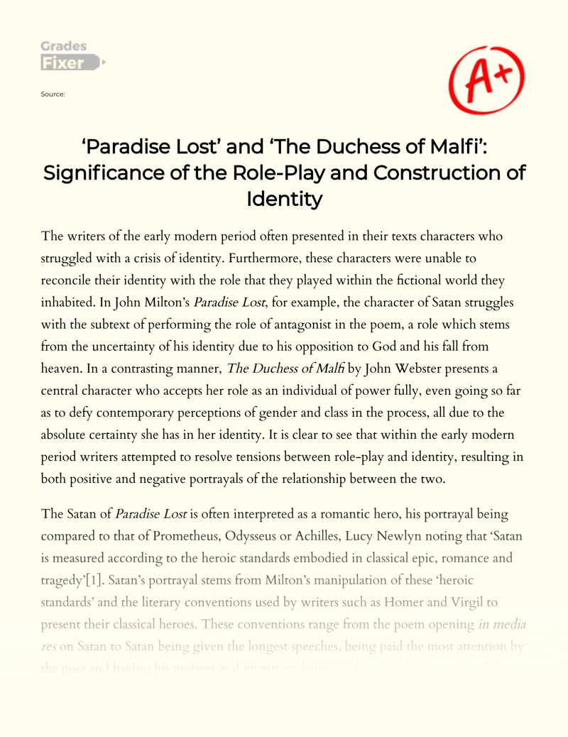 The Role-play and Identity in The Duchess of Malfi and Paradise Lost Essay