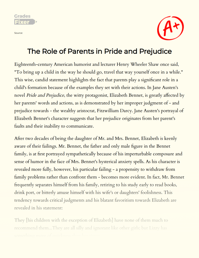 The Role of Parents in Pride and Prejudice Essay