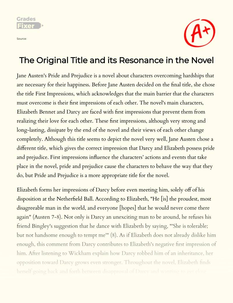The Original Title and Its Resonance in The Novel "Pride and Prejudice" Essay