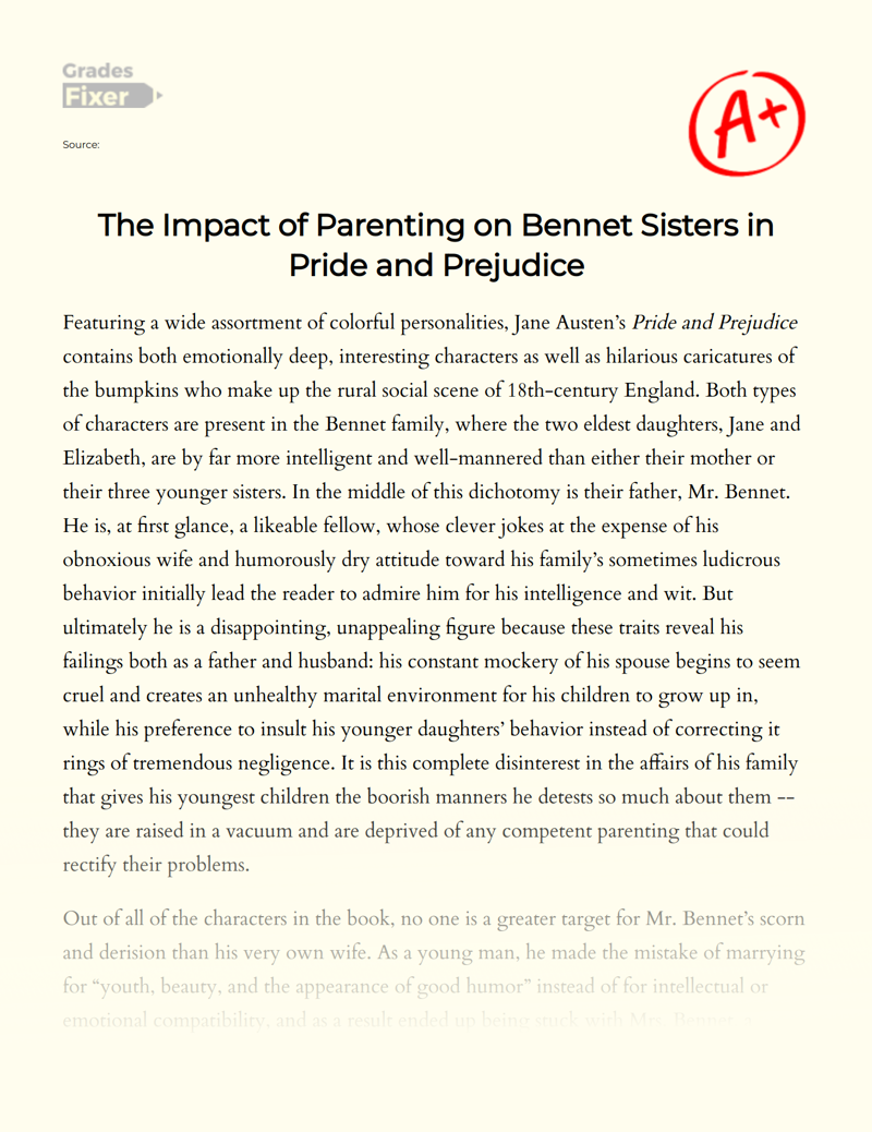 The Impact of Parenting on Bennet Sisters in Pride and Prejudice Essay