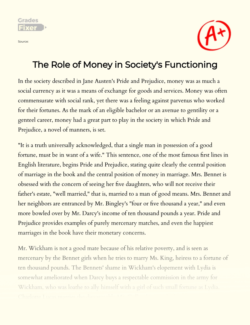 The Role of Money in Society's Functioning essay