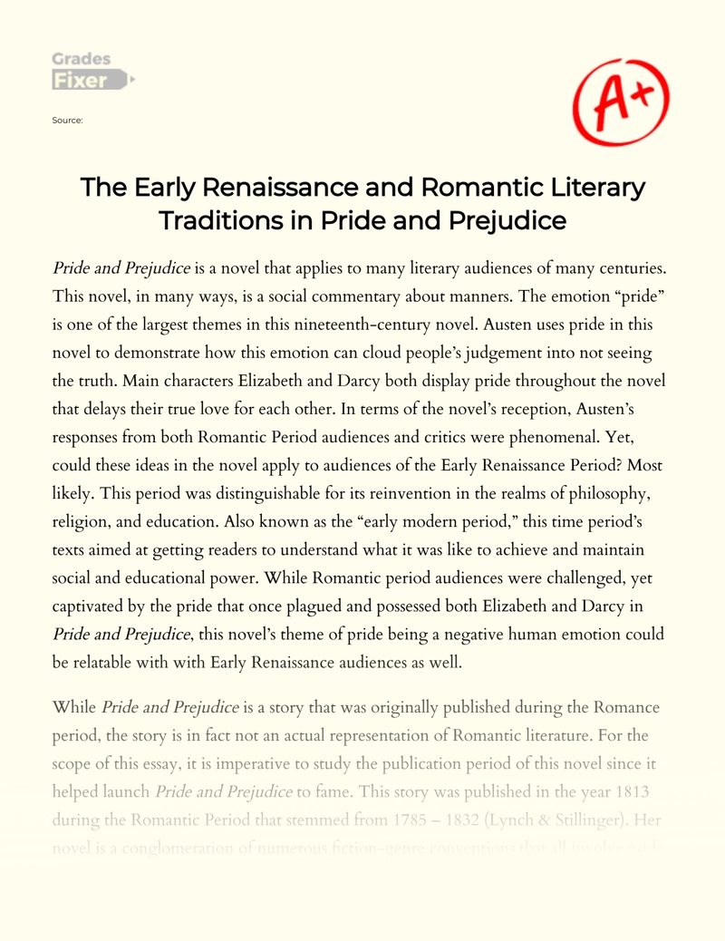 The Early Renaissance and Romantic Literary Traditions in Pride and Prejudice essay