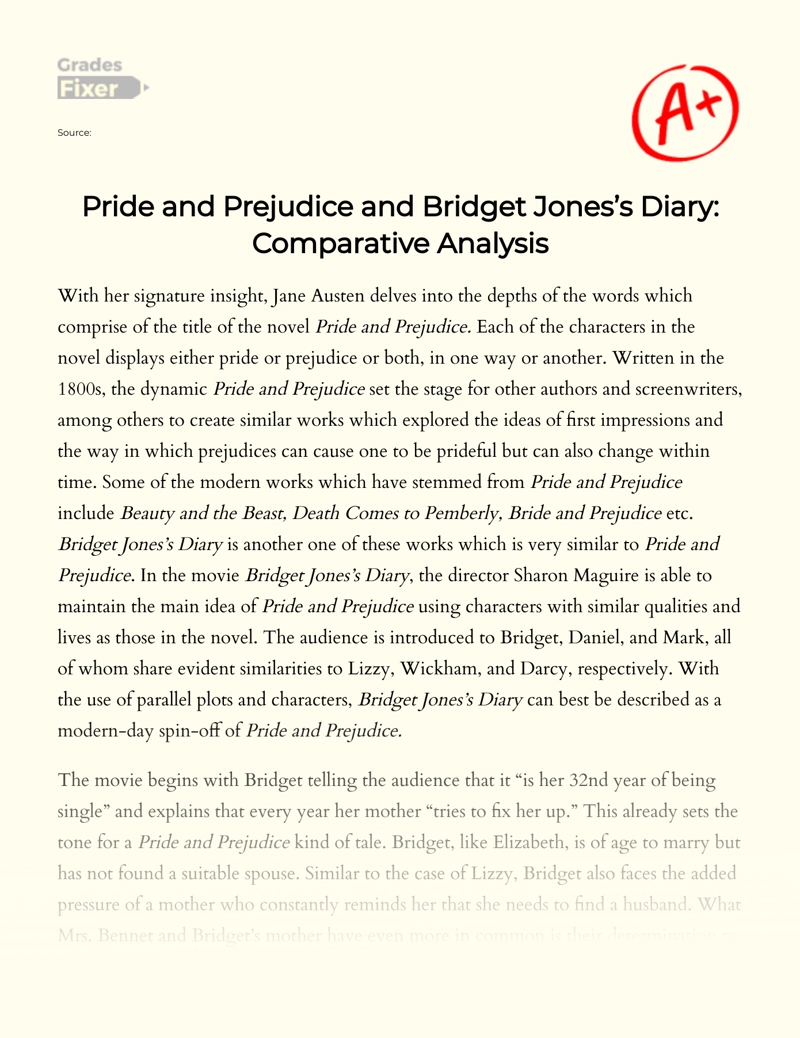 Pride and Prejudice and Bridget Jones’s Diary: Comparative Analysis Essay