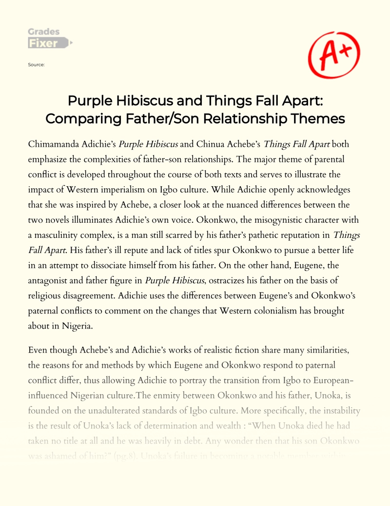 Purple Hibiscus and Things Fall Apart: Comparing Father/son Relationship Themes essay