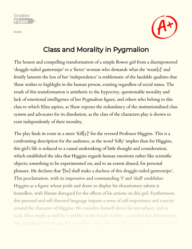 Class and Morality in Pygmalion Essay