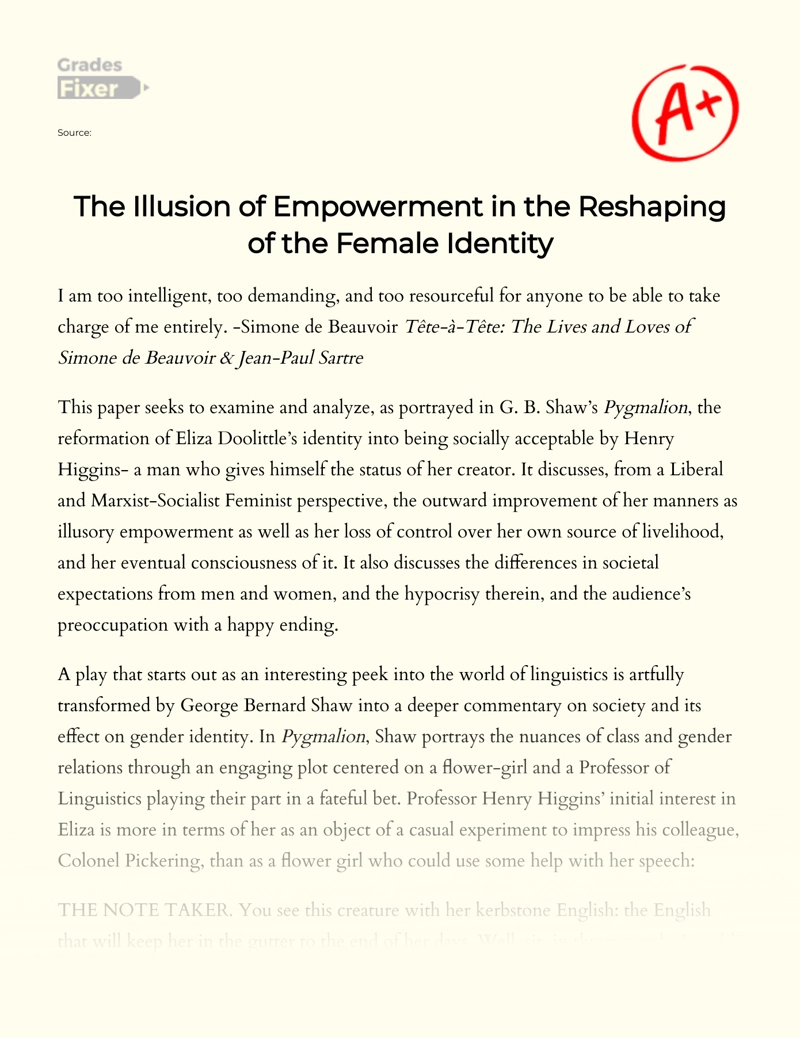 Analysis of Eliza's Illusory Empowerment in Pygmalion Essay
