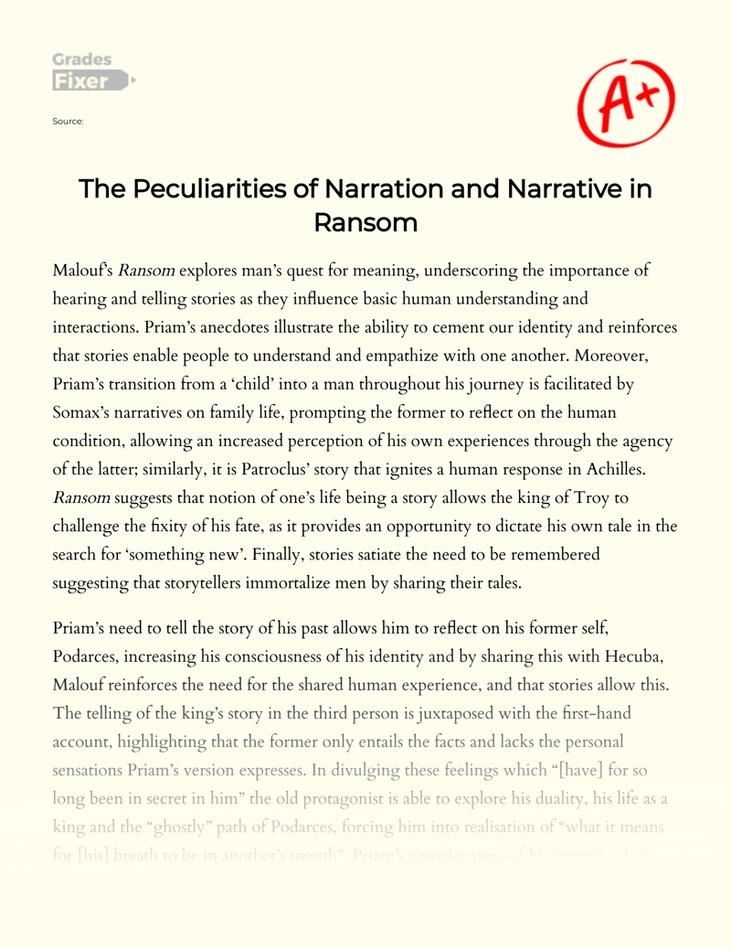 The Peculiarities of Narration and Narrative in Ransom Essay