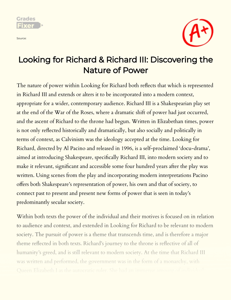 Looking for Richard & Richard Iii: Discovering The Nature of Power Essay
