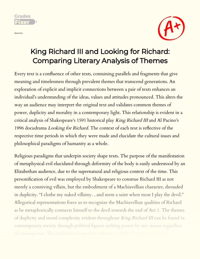 King Richard Iii and Looking for Richard: Comparative Analysis Essay