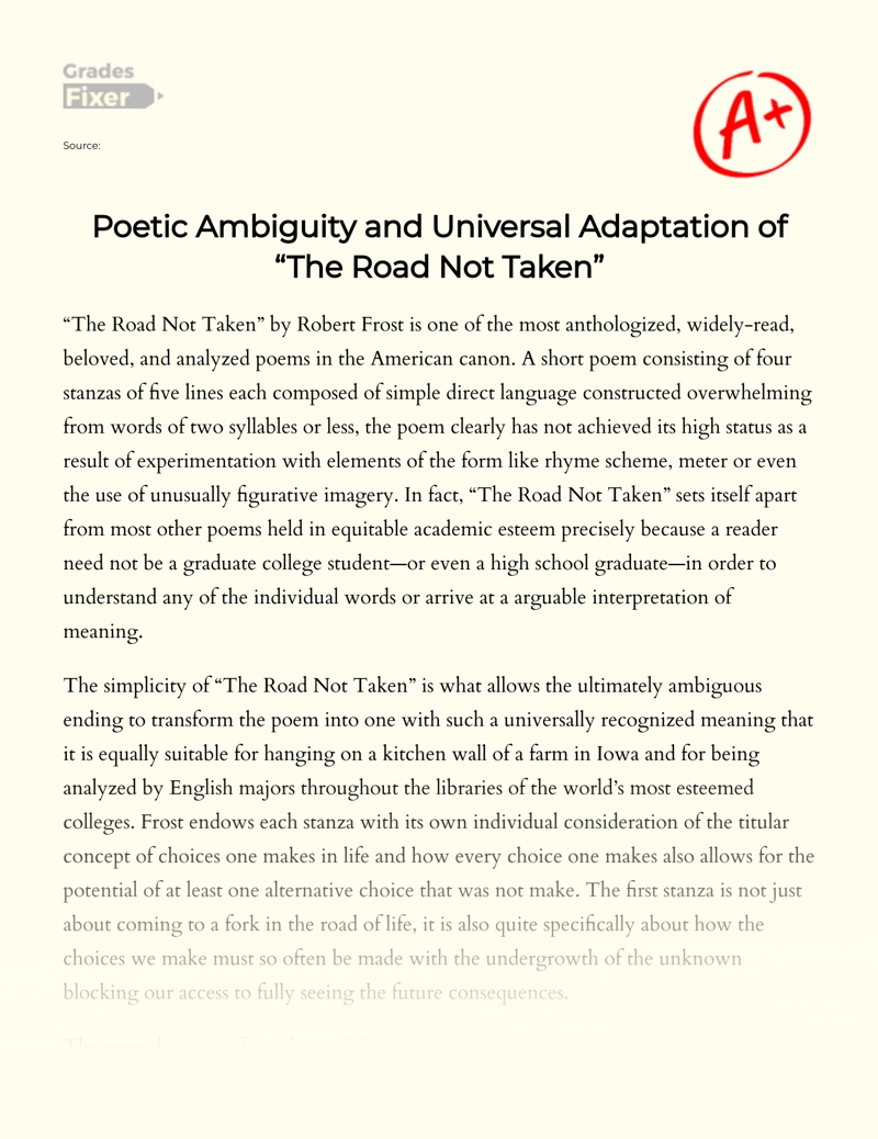 Poetic Ambiguity and Universal Adaptation of "The Road not Taken" Essay