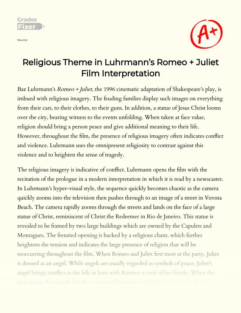 Religious Theme in Luhrmann’s Romeo + Juliet Film Interpretation essay