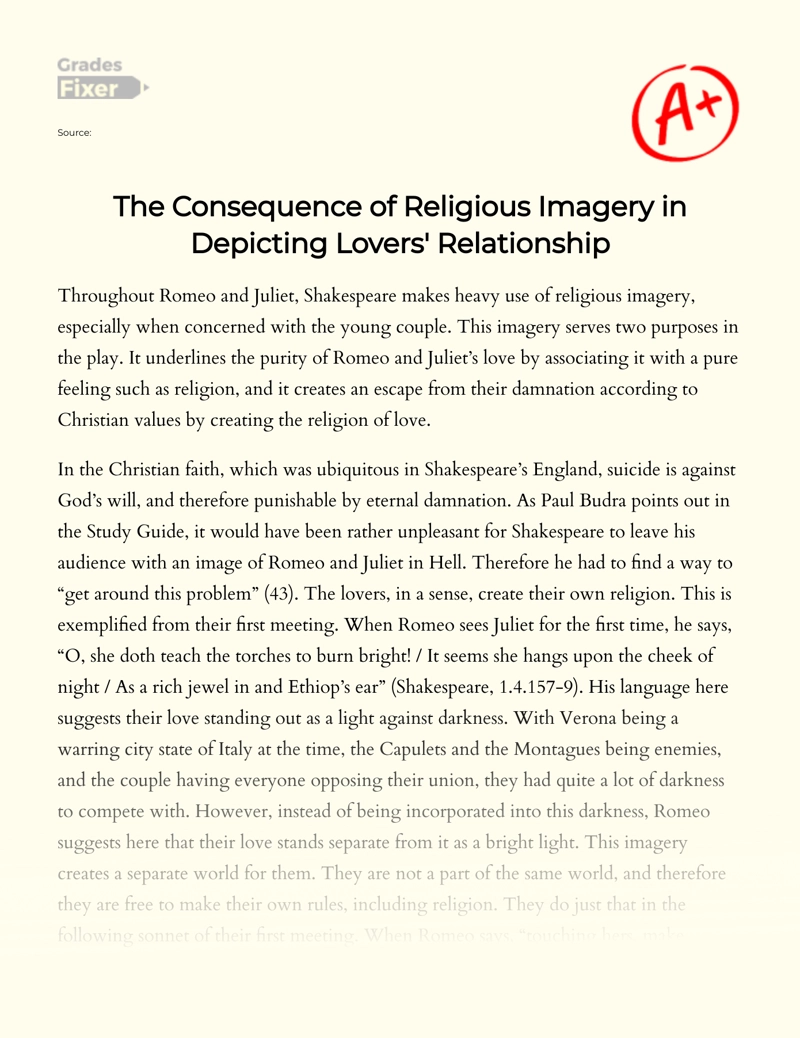 The Consequence of Religious Imagery in Depicting Lovers' Relationship essay