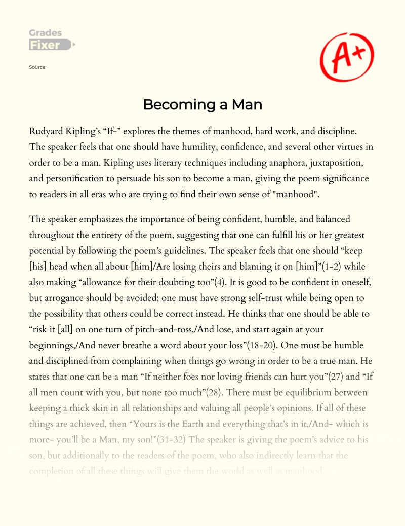 A Sense of Manhood in Rudyard Kipling's "If" Essay