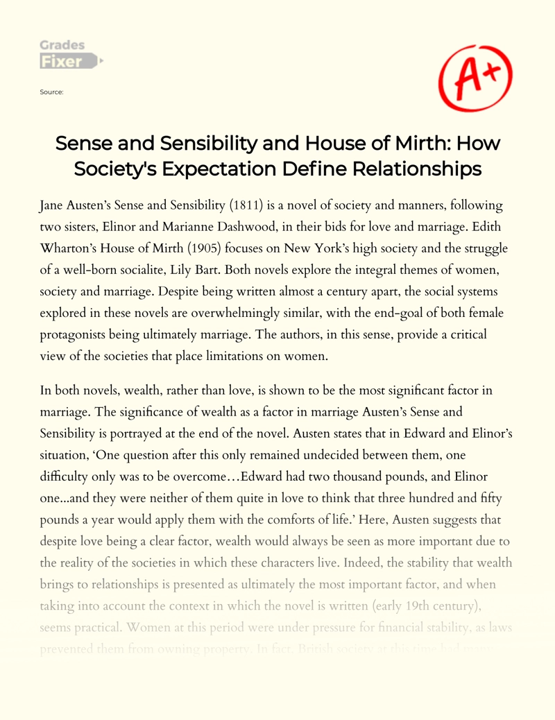 Sense and Sensibility and House of Mirth: How Society's Expectation Define Relationships Essay