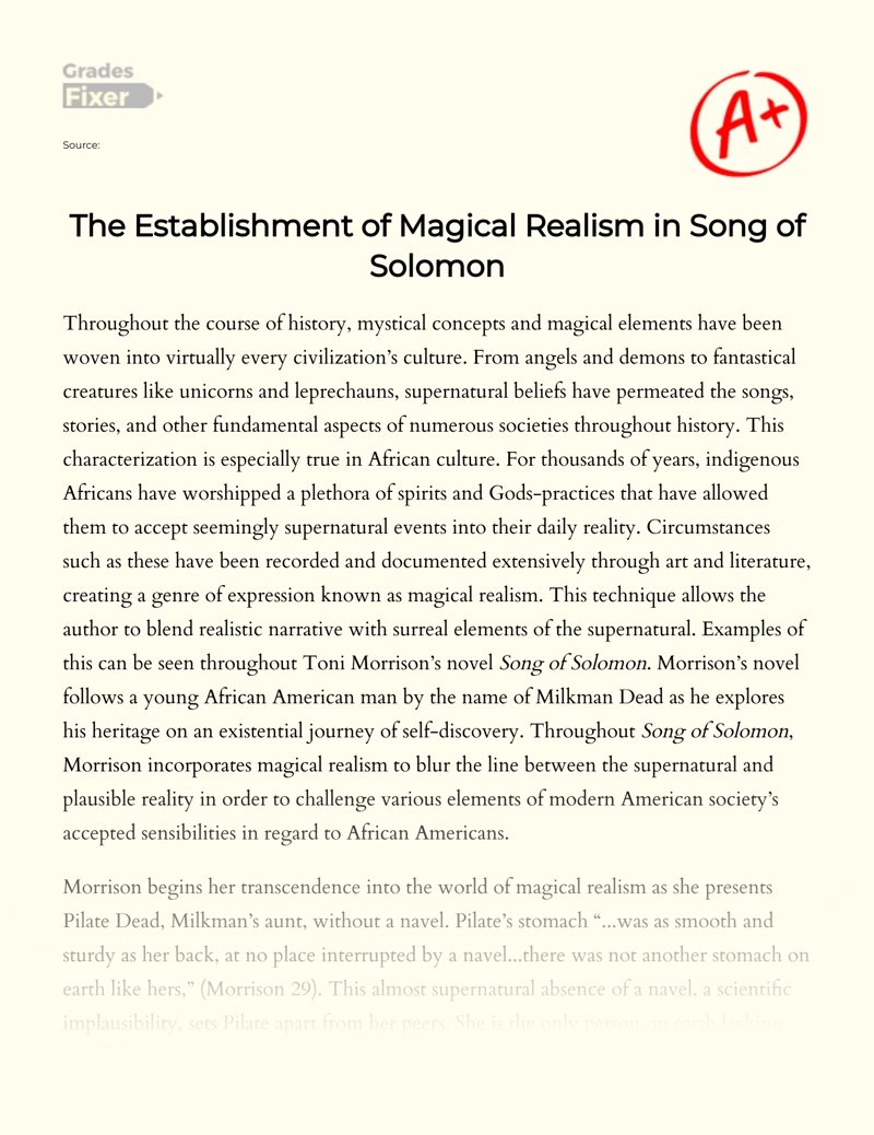 The Establishment of Magical Realism in Song of Solomon essay