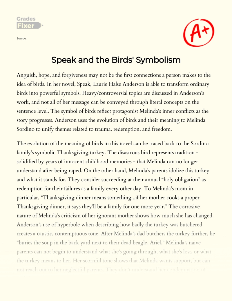 Birds Symbolism in  Laurie Halse Anderson's Novel Speak Essay