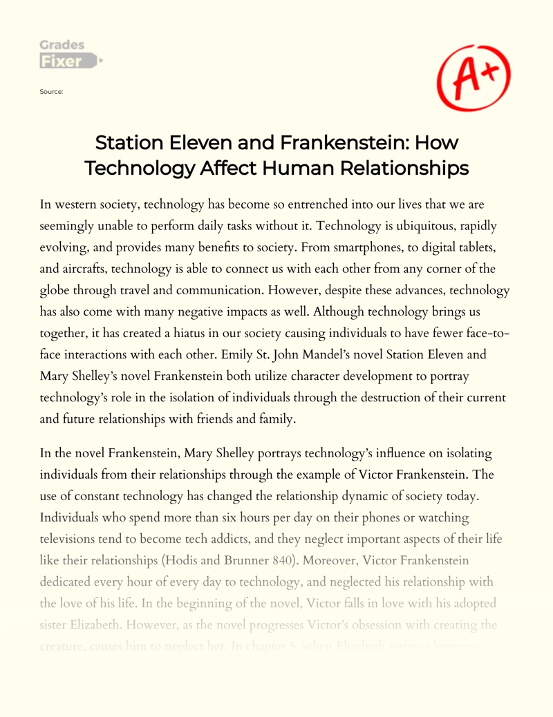 "Station Eleven" and "Frankenstein": How Technology Affect Human Relationships Essay
