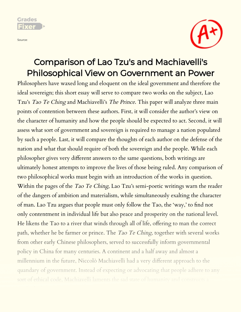 Comparison of Lao Tzu's and Machiavelli's Philosophical View on Government and Power essay