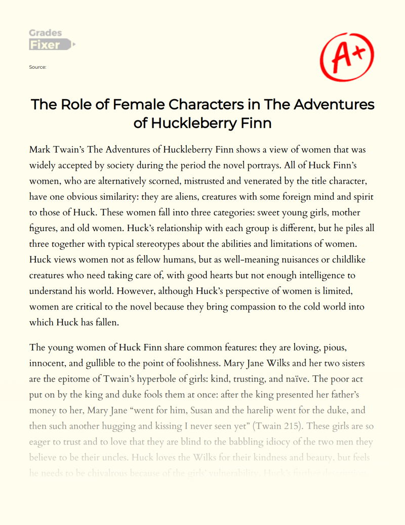 The Role of Female Characters in The Adventures of Huckleberry Finn  Essay