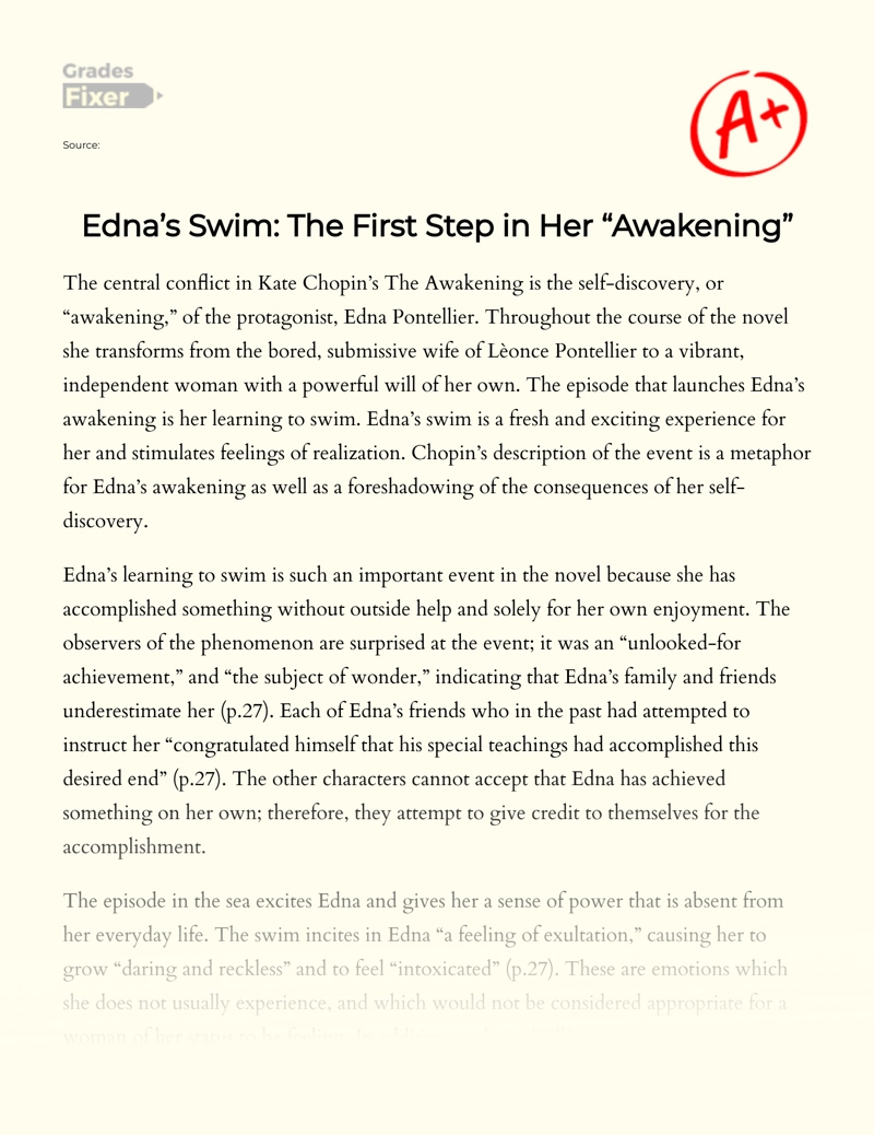 The Role of Edna's Swim in Bringing Out Her Awakening Essay