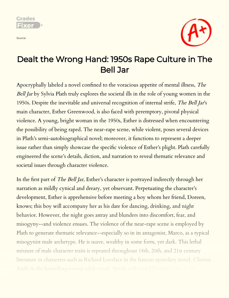 A Look at The Rape Culture of The 1950s as Depicted in The Bell Jar essay