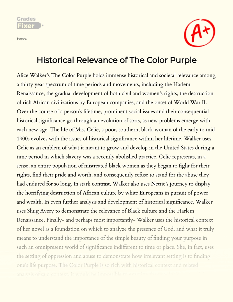 A Look at The Relevance of The Color Purple from a Viewpoint of History essay