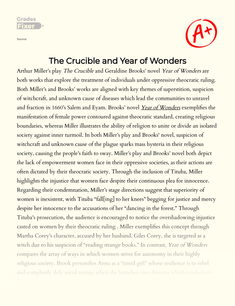 Review of The Key Themes of "The Crucible" and "Year of Wonders" essay