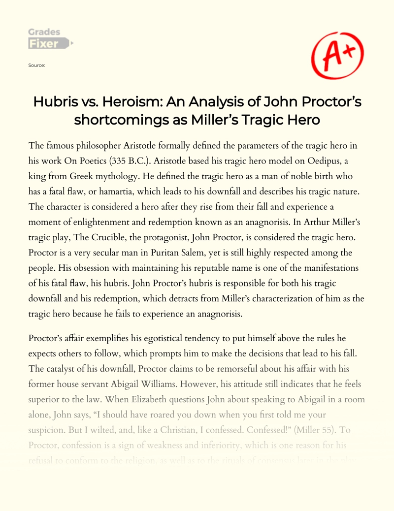 Analysis of John Proctor as Tragic Hero in "The Crucible" by Arthur Miller Essay