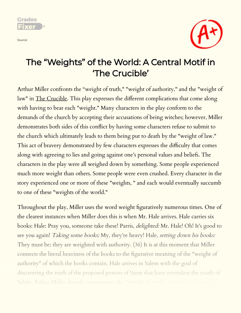 The "Weights" of The World: a Central Motif in "The Crucible" by Arthur Miller Essay
