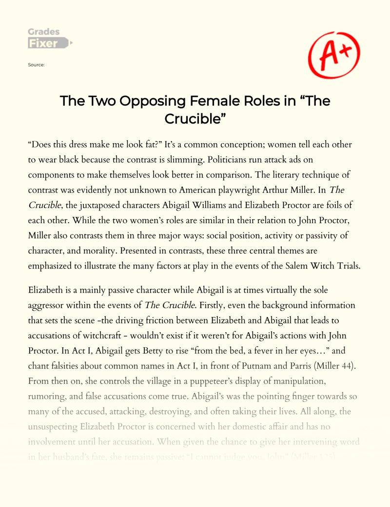 Review of Opposing Female Roles in "The Crucible" by Arthur Miller essay