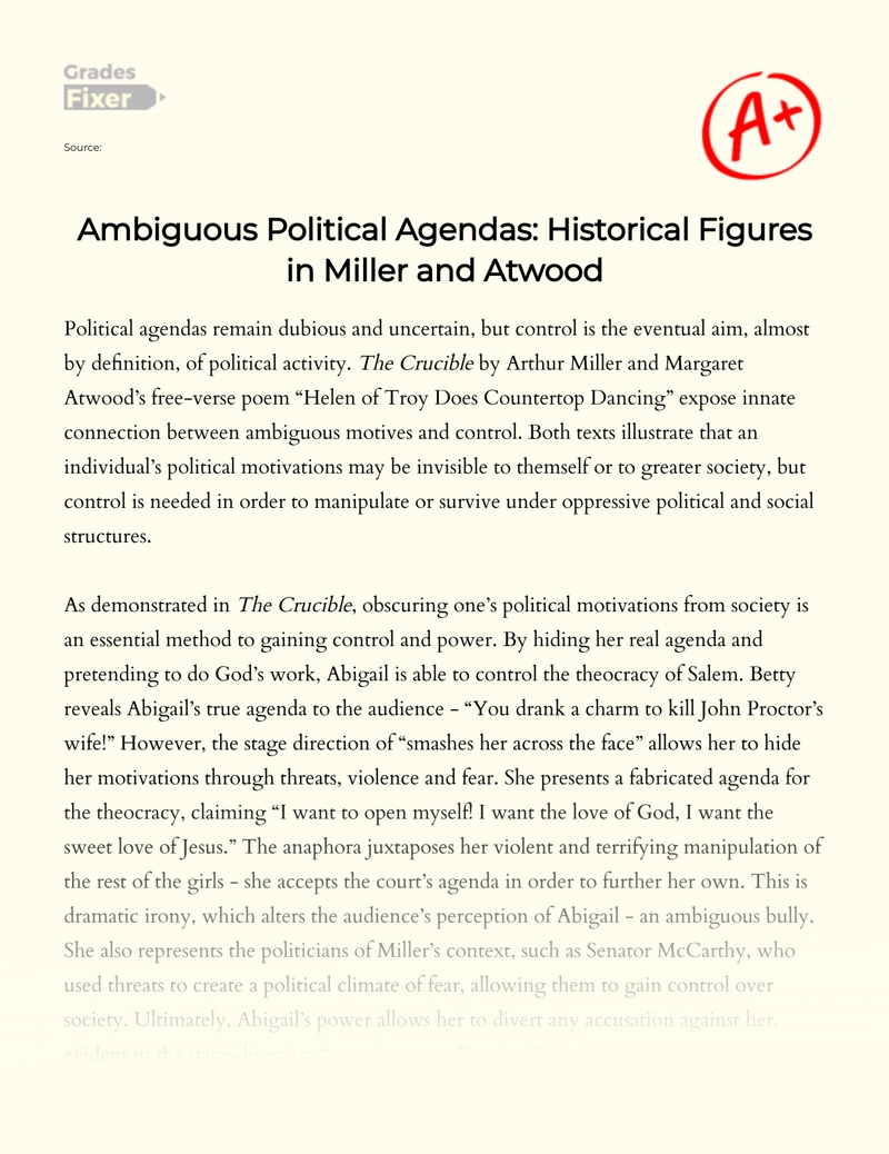Unclear Political Agendas: a Look at The Historical Figures of Atwood and Miller essay