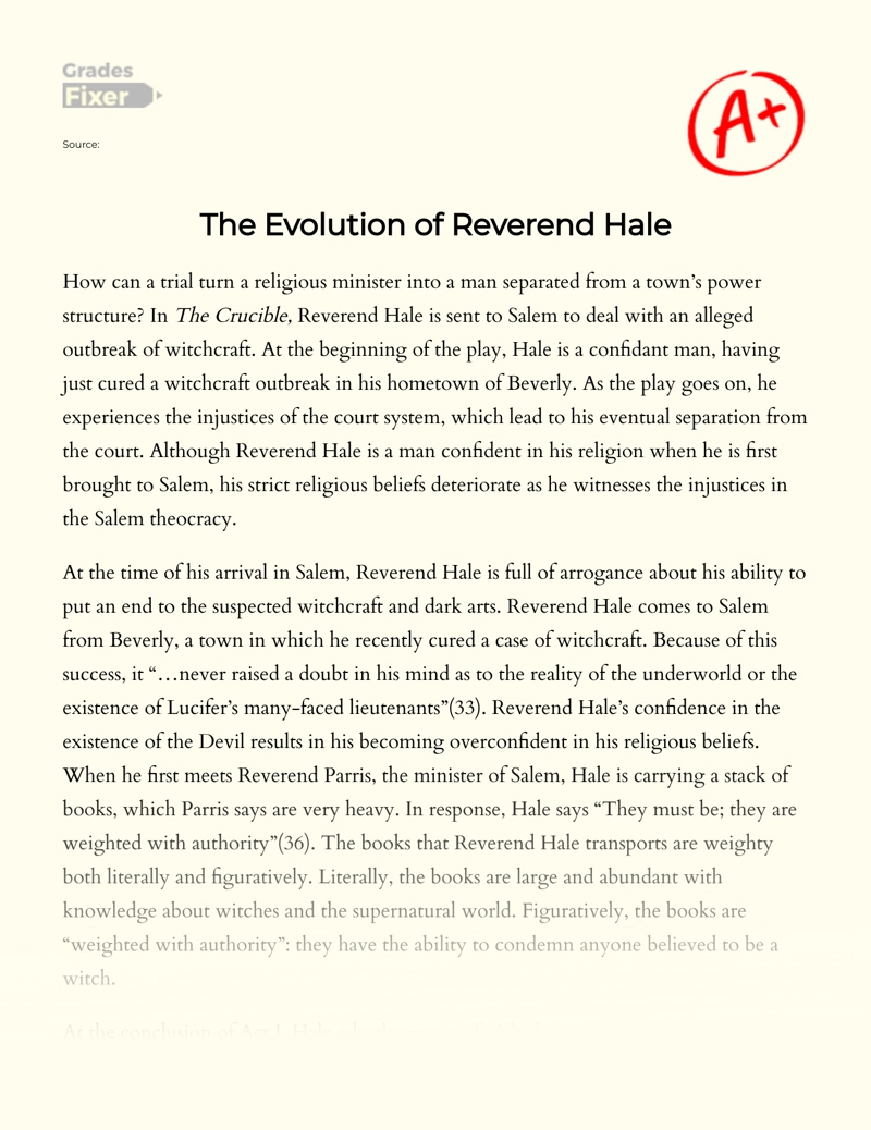 Reverend Hale's Evolution in "The Crucible" by Arthur Miller Essay
