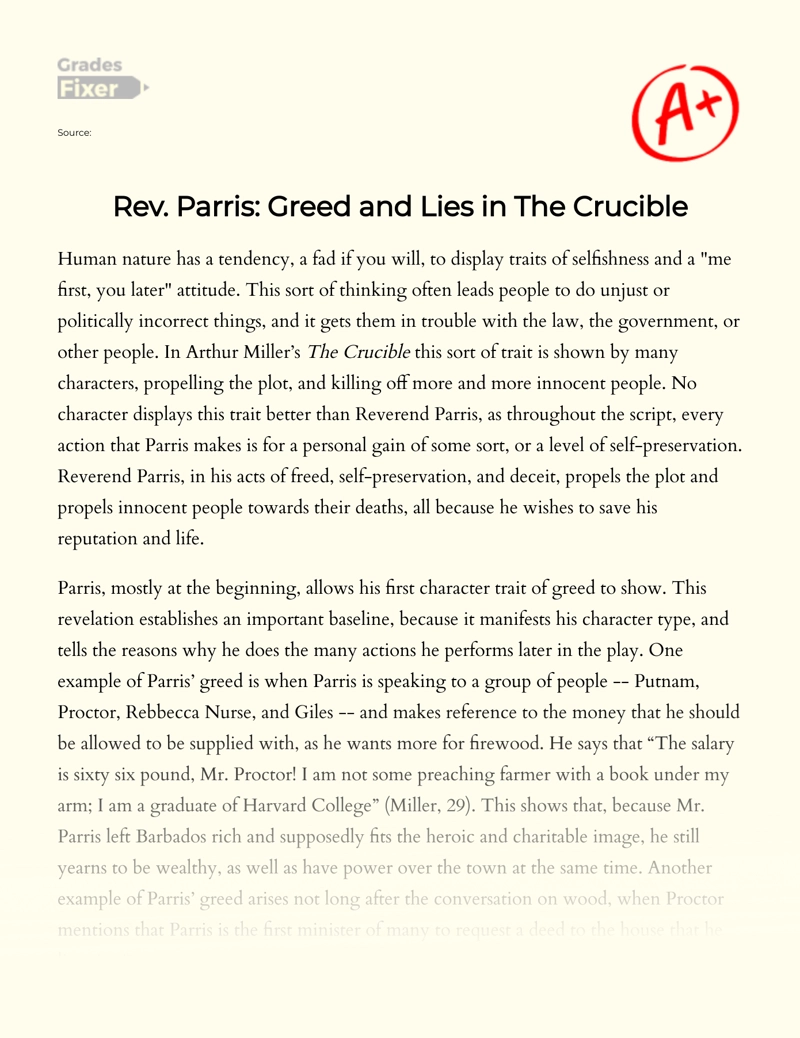 The Lies and Greed of Rev Parris in "The Crucible" by Arthur Miller essay