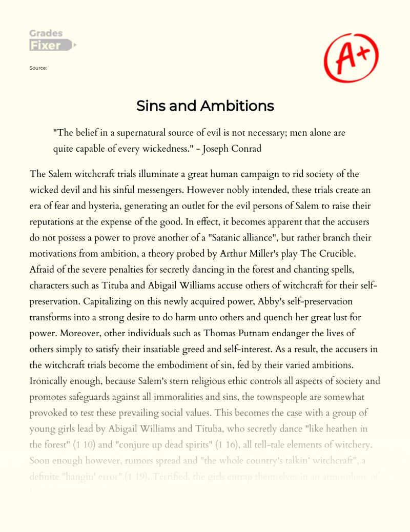 A Look at The Theme of Ambitions and Sins in The Crucible essay