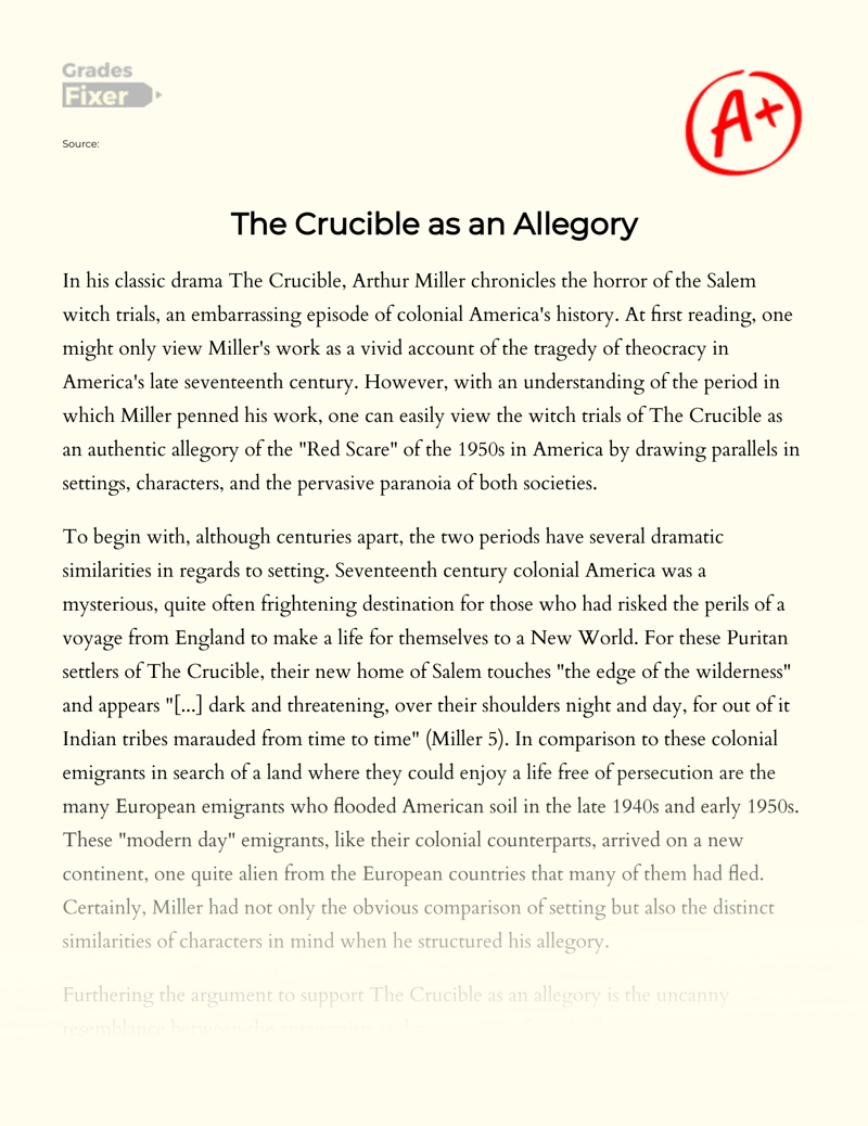 "The Crucible" as an Allegory of The "Red Scare" of The 1950s in America essay