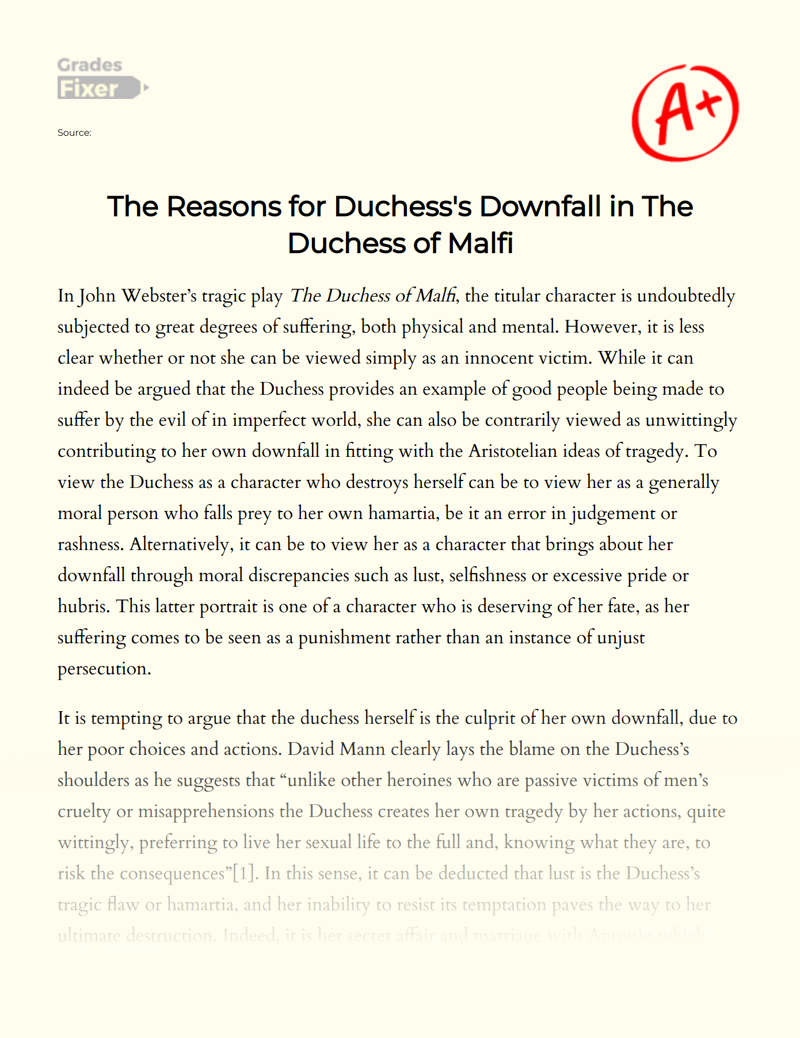 The Reasons for Duchess's Downfall in The Duchess of Malfi Essay