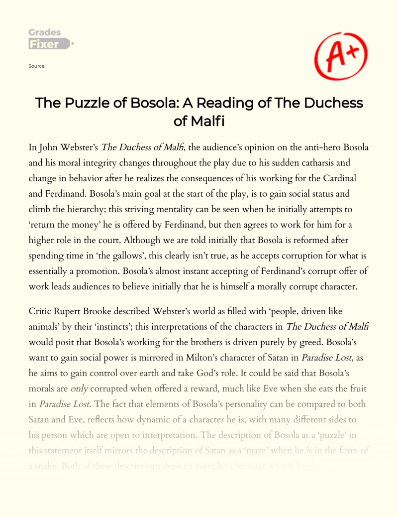 The Bosola Puzzle: a Keen Analysis of The Duchess of Malfi Essay