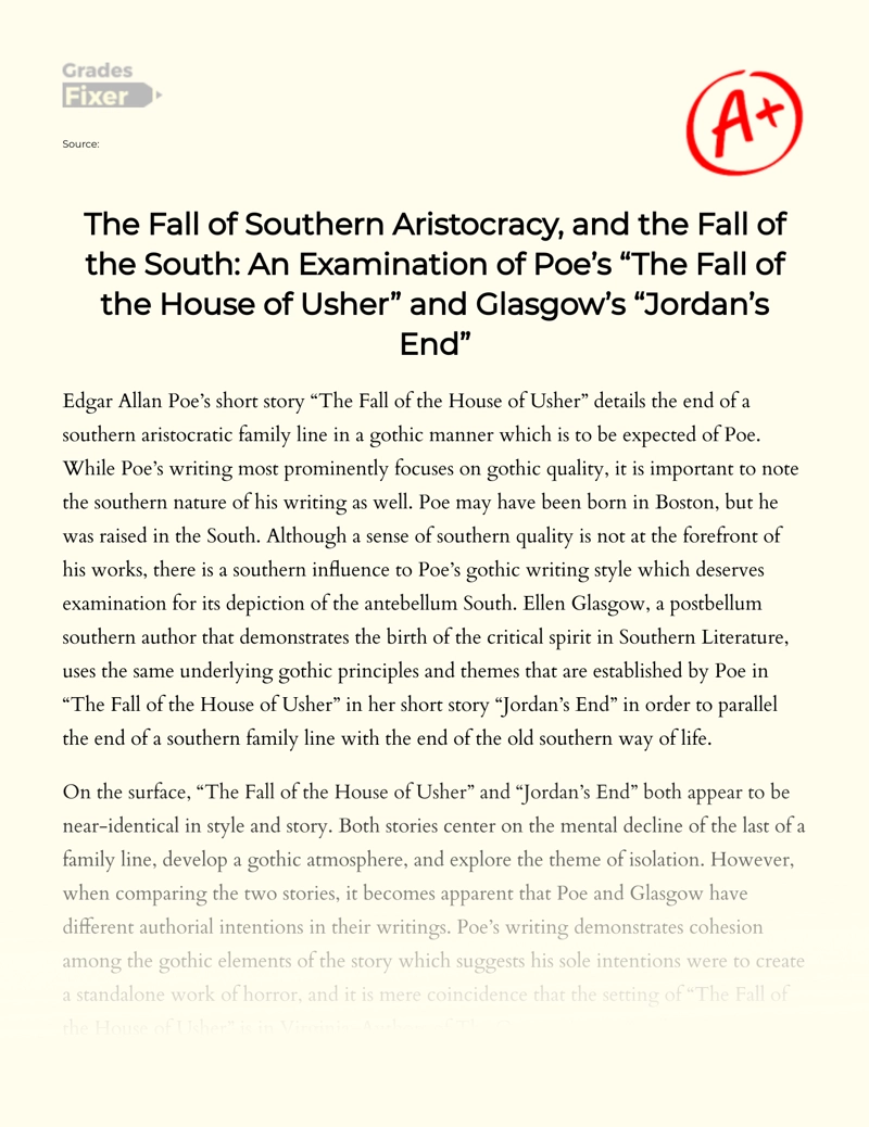 Southern Aristocracy in "The Fall of The House of Usher" and "Jordan's End" Essay