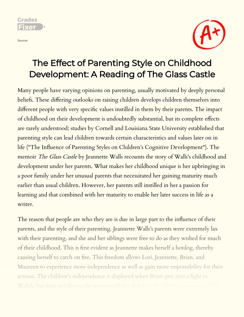 The Effect of a Parenting Style on The Development of a Child as Illustrated in "The Glass Castle" essay